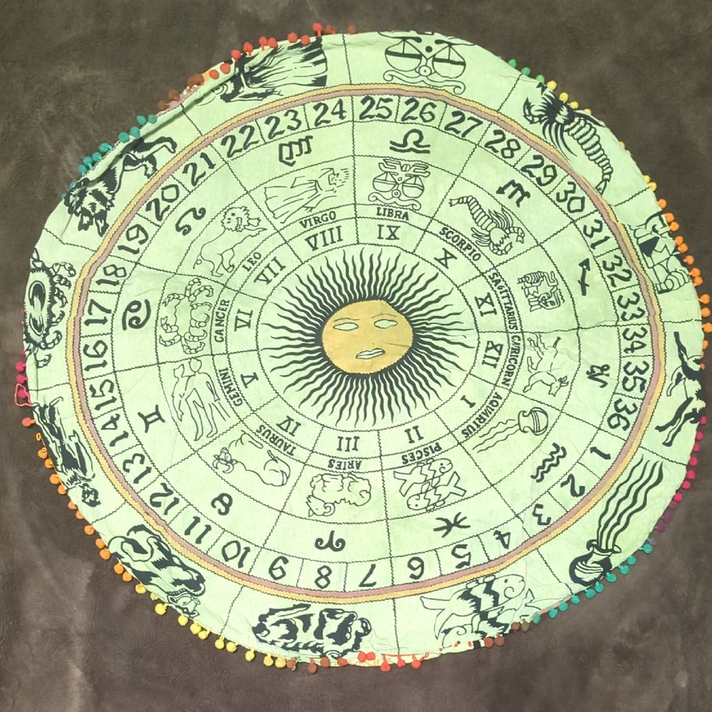 Zodiac Sun Round Floor Cushion Cover- Mint Green with Multicolor Pom Trim